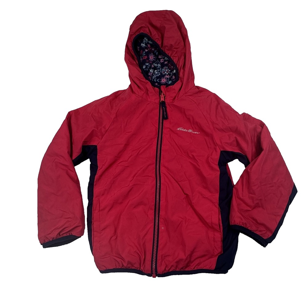 Eddie Bauer Jacket Girls XS 5/6 Red Hooded Fleece Lined Floral Coat 8300W646